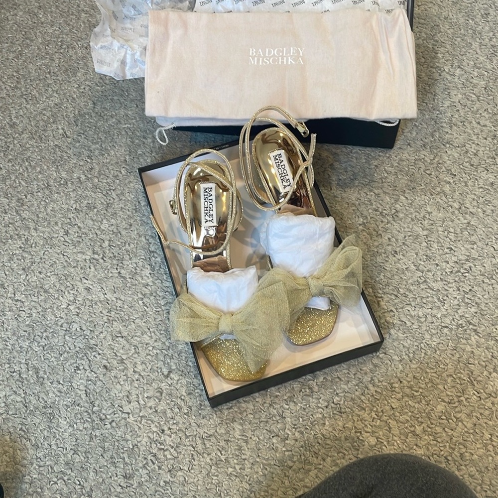 Gold Glitter Block Heel Sandals - Picture 6 of 9